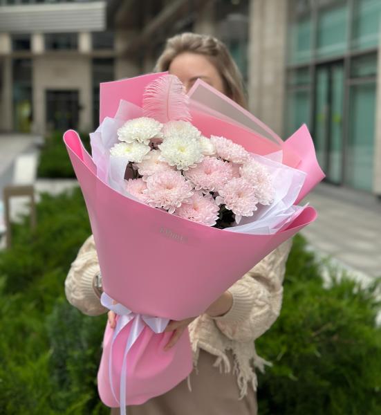Розовые хризантемы с перышком 028