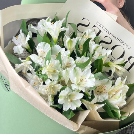 Белые альстромерии в зелёном оформлении 100 Белые альстромерии в зелёном оформлении 100